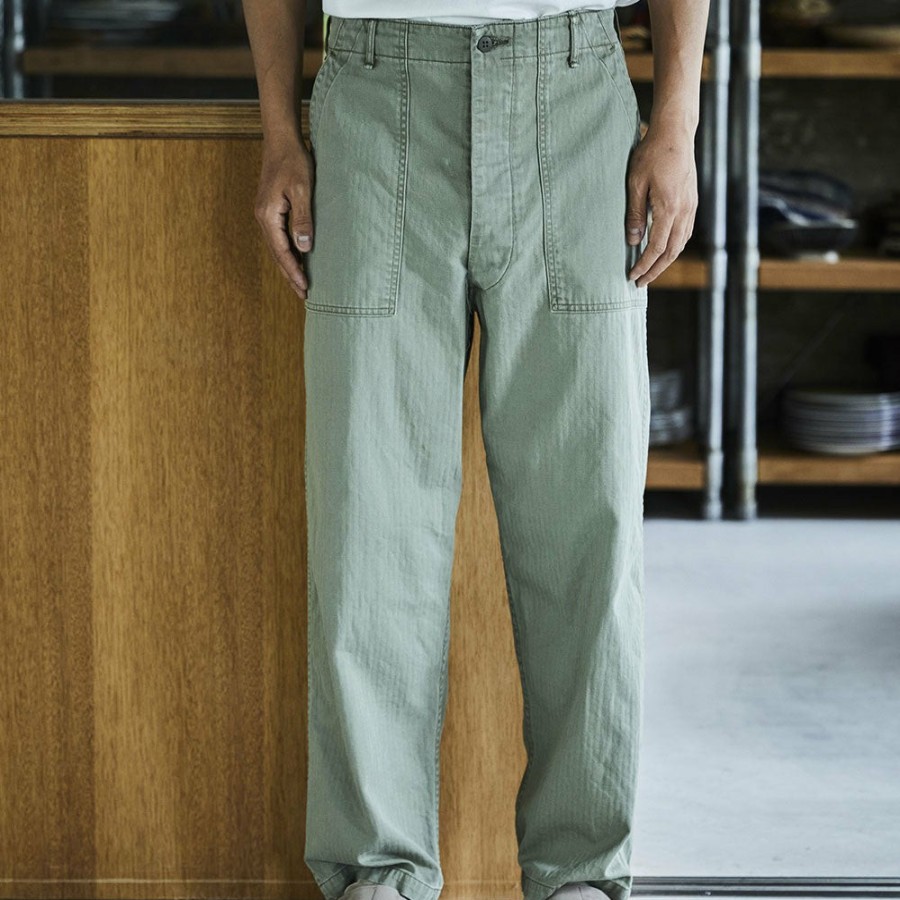 Mode Homme OrSlow Pantalons | Orslow - Pantalon Herringbone Summer Fat - Vert