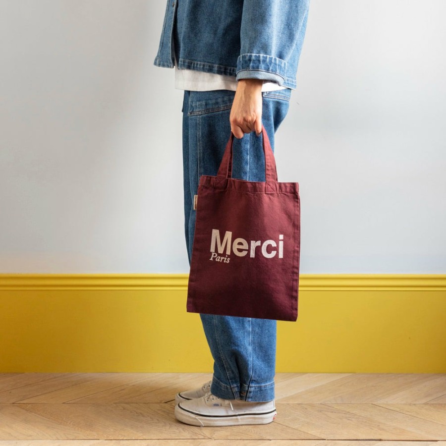 Mode Femme V01 Tote Bags Merci | Merci - Tote Bag En Coton - Bordeaux & Creme