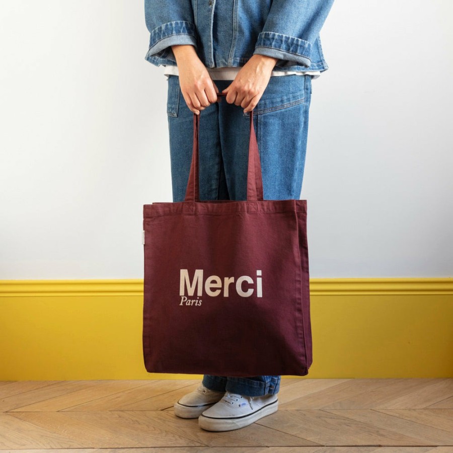 Mode Femme V01 Tote Bags Merci | Merci - Tote Bag En Coton - Bordeaux & Creme