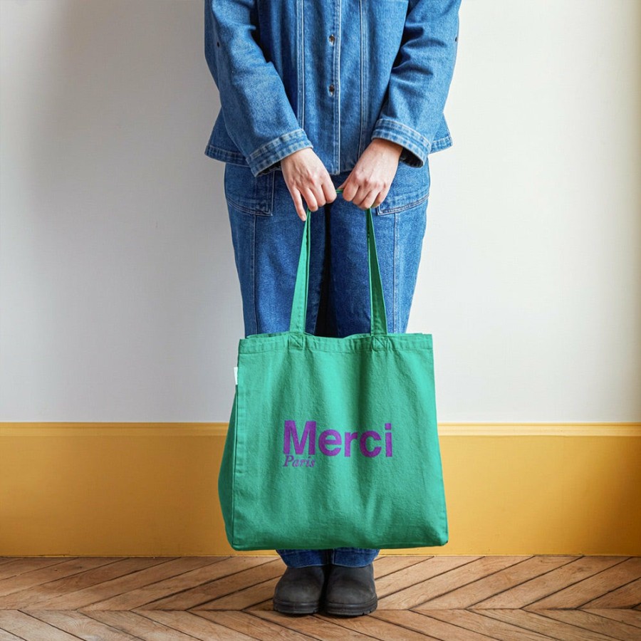 Mode Femme MERCI Tote Bags Merci | Merci - Tote Bag En Coton - Vert & Violet