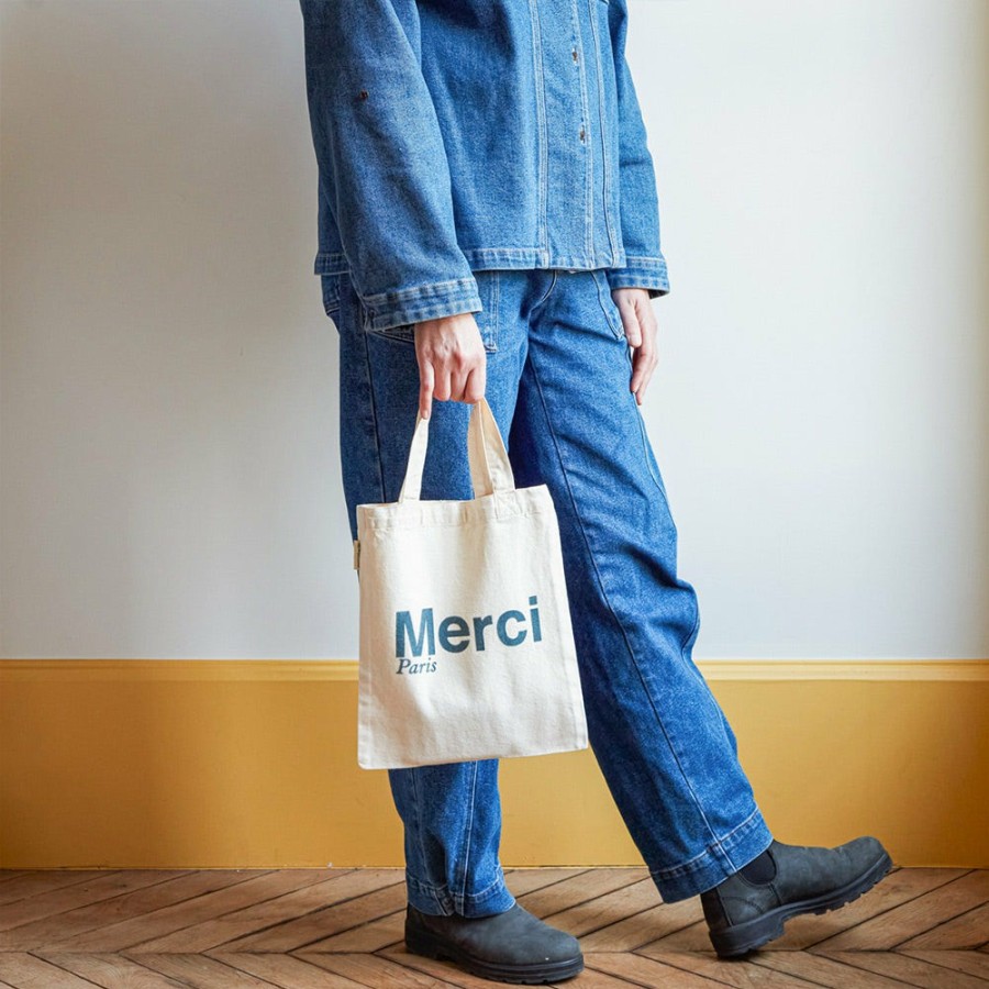 Mode Femme MERCI Tote Bags Merci | Merci - Tote Bag En Coton - Ecru & Bleu Vert