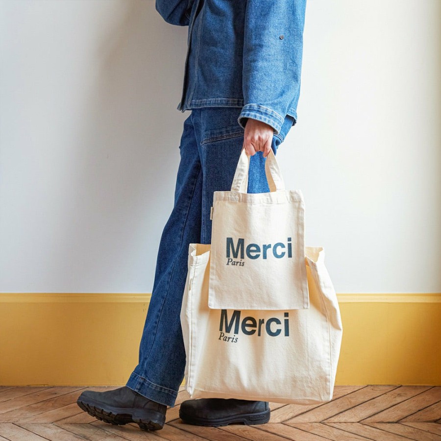 Mode Femme MERCI Tote Bags Merci | Merci - Tote Bag En Coton - Ecru & Bleu Vert