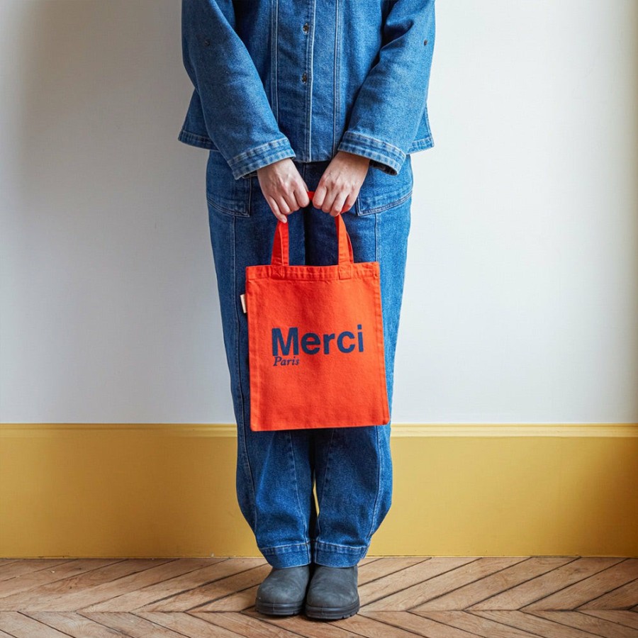 Mode Femme MERCI Tote Bags Merci | Merci - Tote Bag En Coton - Orange & Bleu Marine