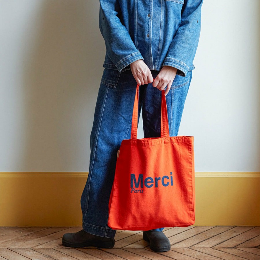 Mode Femme MERCI Tote Bags Merci | Merci - Tote Bag En Coton - Orange & Bleu Marine