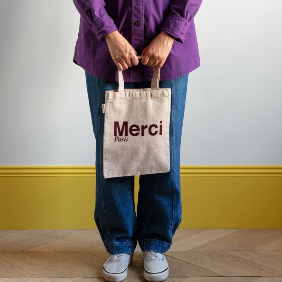 Mode Femme V01 Tote Bags Merci | Merci - Tote Bag En Coton - Creme & Bordeaux