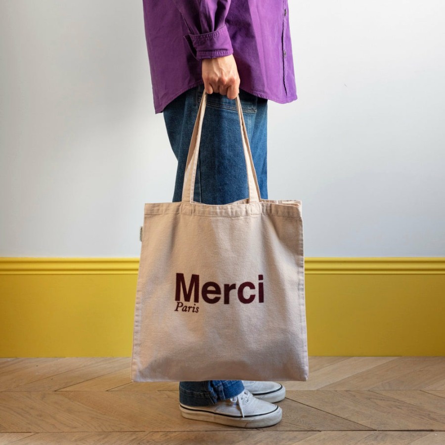 Mode Femme V01 Tote Bags Merci | Merci - Tote Bag En Coton - Creme & Bordeaux