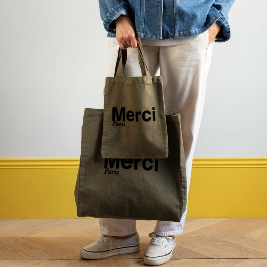 Mode Femme V01 Tote Bags Merci | Merci - Tote Bag En Coton - Kaki & Noir