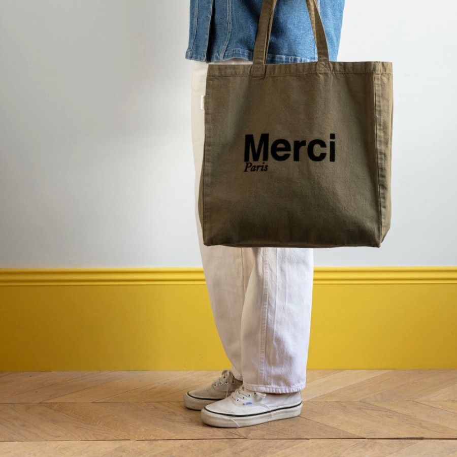 Mode Femme V01 Tote Bags Merci | Merci - Tote Bag En Coton - Kaki & Noir