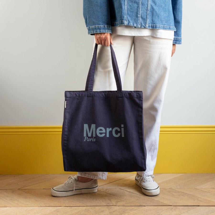 Mode Femme V01 Tote Bags Merci | Merci - Tote Bag En Coton - Marine