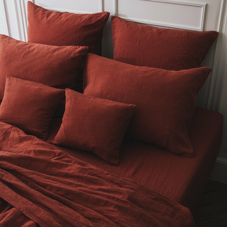 Linge De Maison 200 LINTEX Taies D'Oreiller | Taie D'Oreiller En Lin Lave - Rouge Bourbon