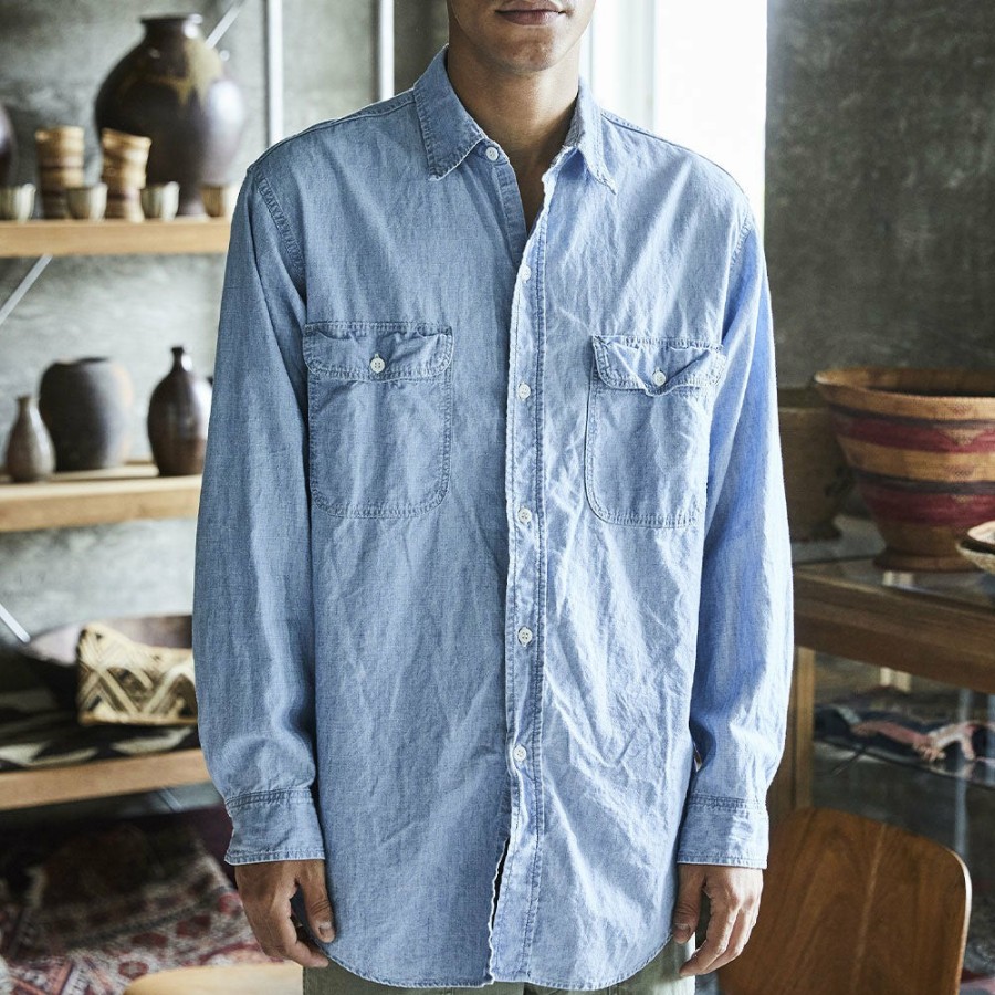 Mode Homme OrSlow Chemises | Orslow - Chemise Chambray Work - Bleu Clair