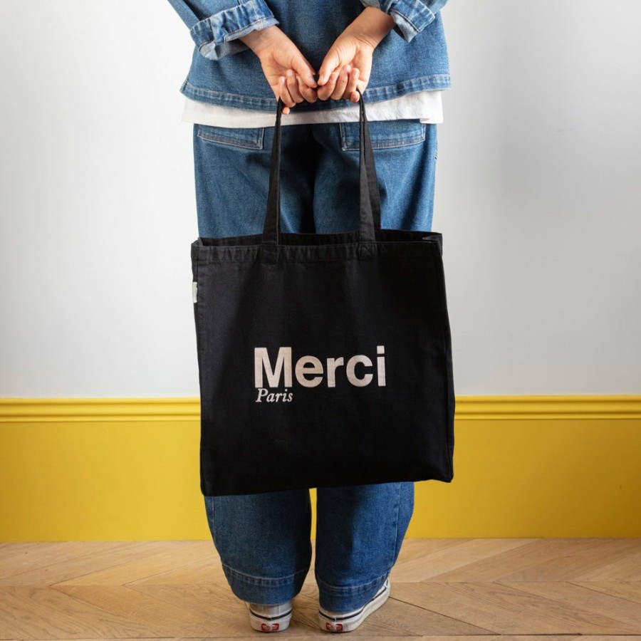 Mode Femme V01 Tote Bags Merci | Merci - Tote Bag En Coton - Noir & Creme