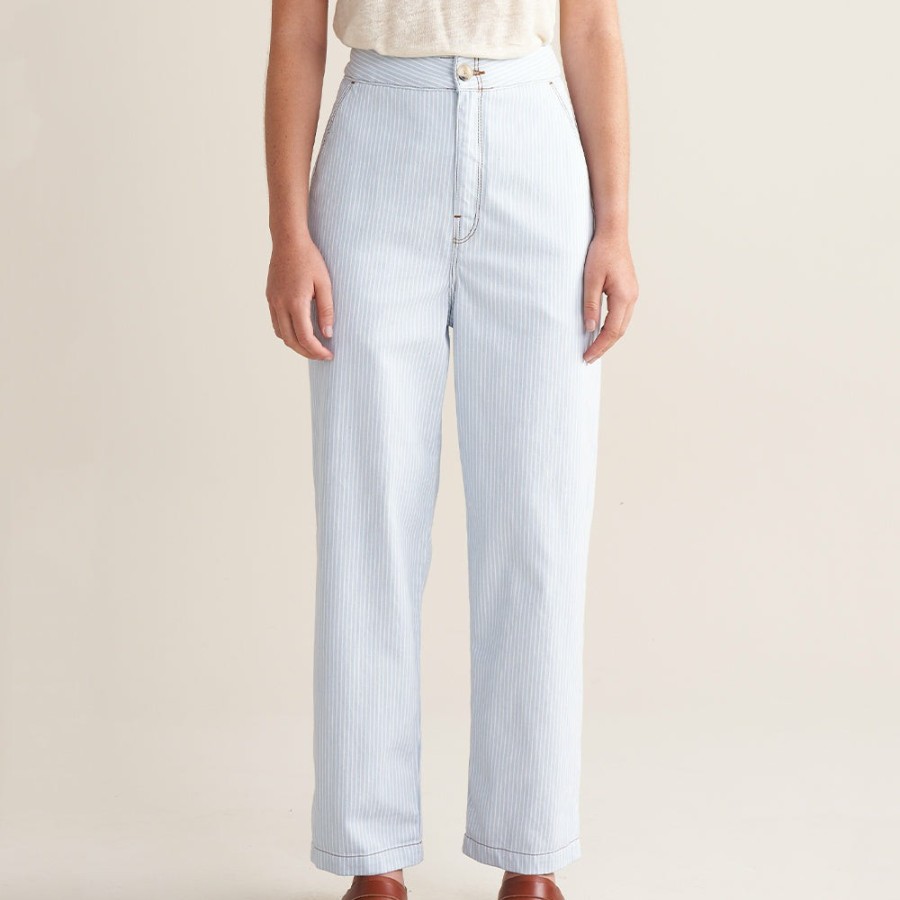 Mode Femme Bellerose Pantalons | Bellerose - Pantalon Pasop - Bleu Ciel Rayes