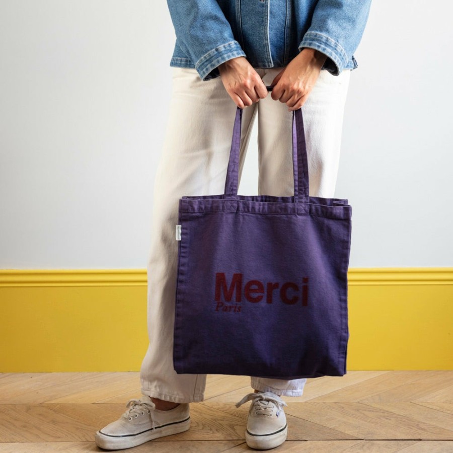 Mode Femme V01 Tote Bags Merci | Merci - Tote Bag En Coton - Violet & Bordeaux