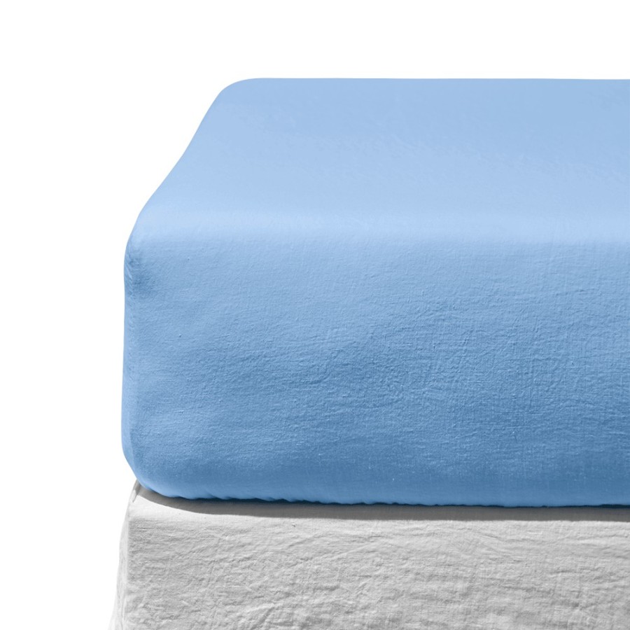 Linge De Maison 200 LINTEX Draps Housse | Drap-Housse En Lin Lave - Bleu Tyrrhenien