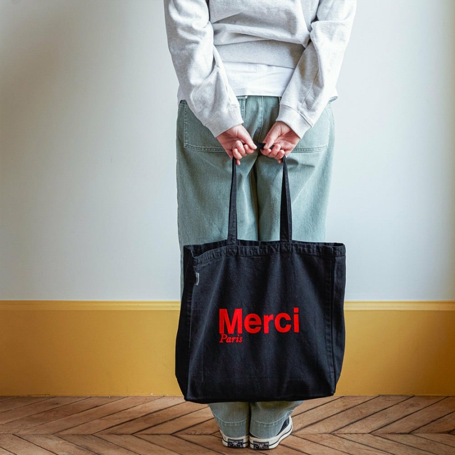 Mode Femme MERCI Tote Bags Merci | Merci - Tote Bag En Coton - Noir & Rouge