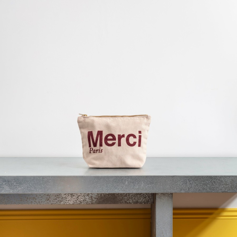 Beaute V01 Trousses De Toilette | Merci - Pochette En Coton - Creme & Bordeaux