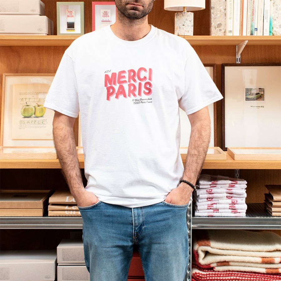 Mode Homme 1473 SCRKS T-Shirts | Merci - T-Shirt Unisexe - Blanc & Logo Rouge