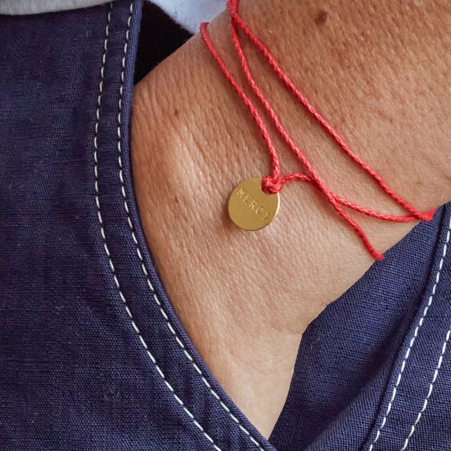 Mode Femme MERCI Bracelets Merci | Petite Medaille Merci - Laiton - Fil Rouge