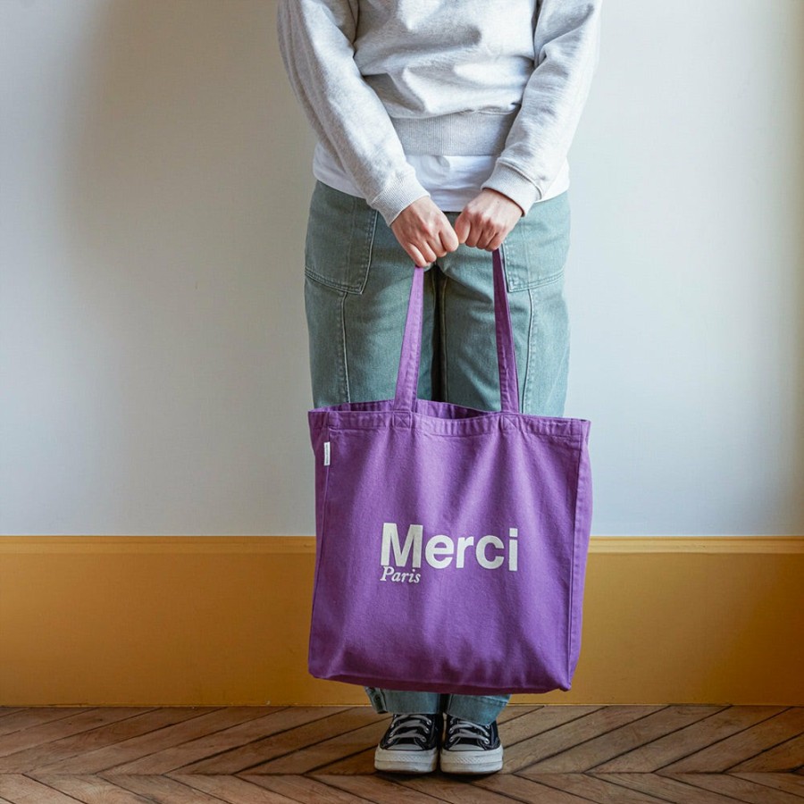 Mode Femme MERCI Tote Bags Merci | Merci - Tote Bag En Coton - Violet & Ecru