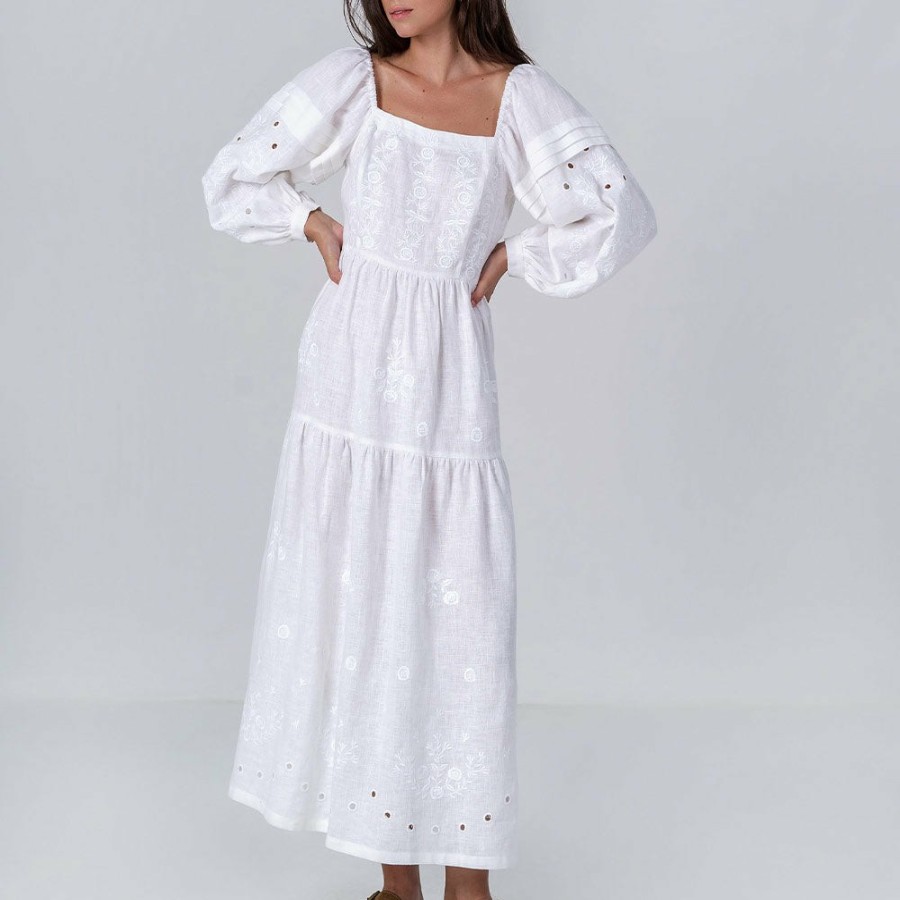 Mode Femme ETNODIM Robes | Etnodim - Robe Brodee En Lin - Blanc