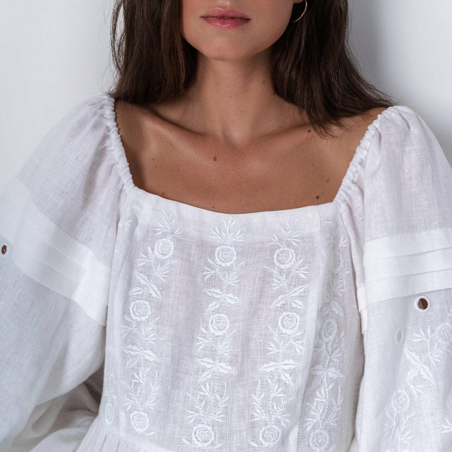 Mode Femme ETNODIM Robes | Etnodim - Robe Brodee En Lin - Blanc