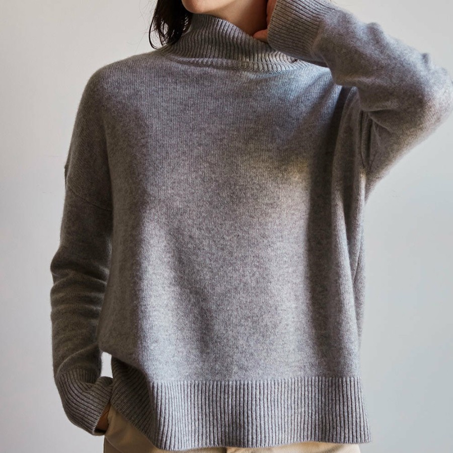 Mode Femme MERCI Mailles | Merci - Pull Col Cheminee En Cachemire - Gris